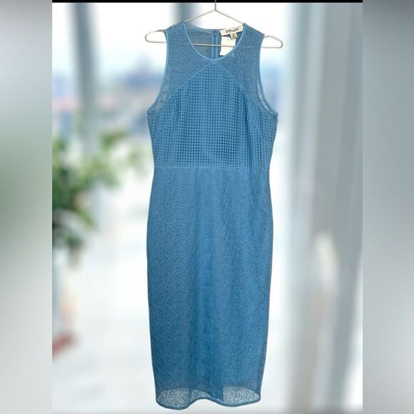DIANE VON FURSTENBURG DVF Sleeveless Blue Mixed Lace Midi Sheath Dress Size 12 - Picture 8 of 16